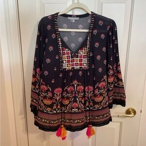 Anthropologie Daniel Rainn Boho Blouse with Embroidery and Tassels Size Large L